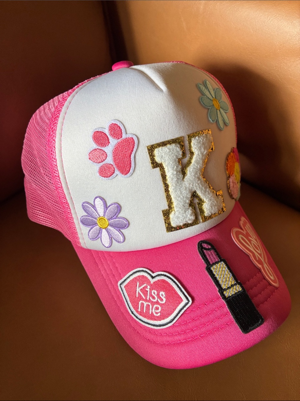 Pink Trucker Hat with Embroidered K Patch & Cute Patches - Picture 2 of 6